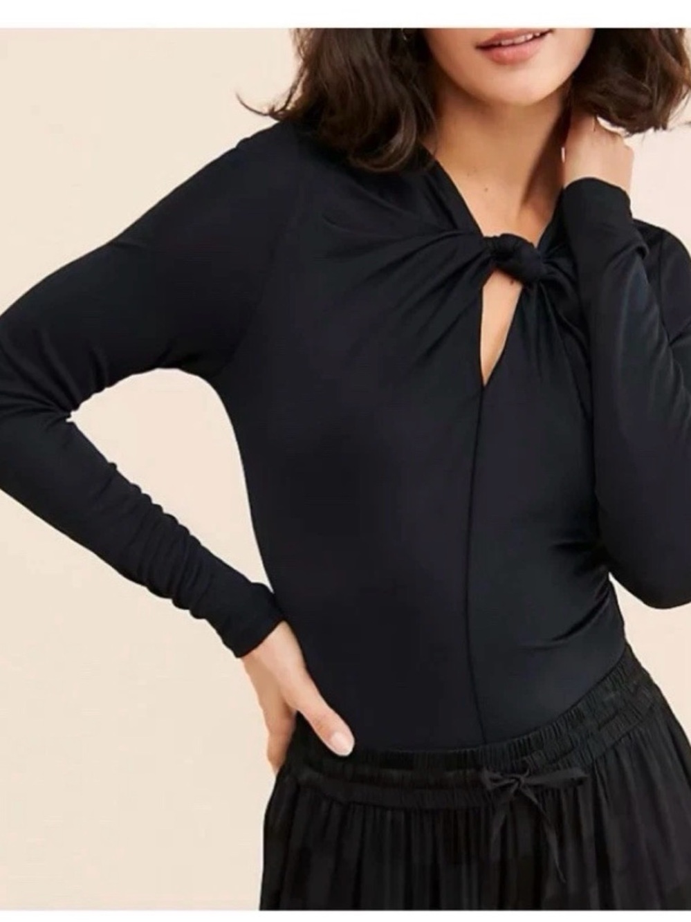 FARM Rio Black Knot-Front Long Sleeve Bodysuit